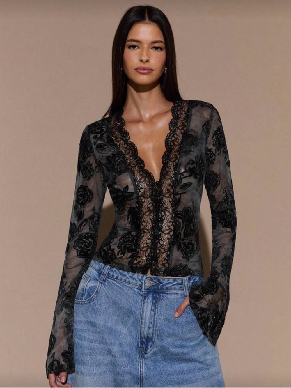 SHEIN Black Sheer Floral Lace V-Neck Top